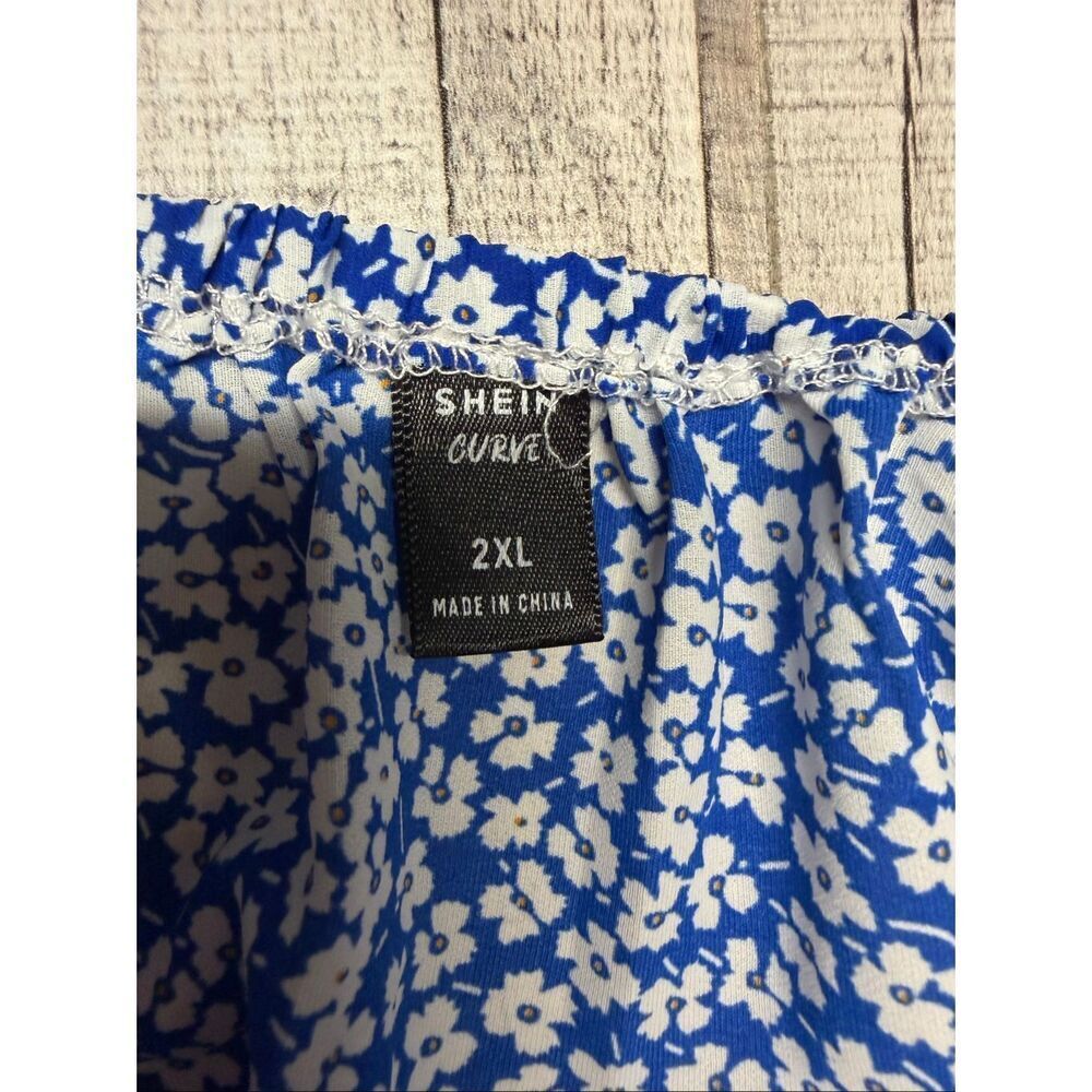 SHEIN Ditsy Floral Blue Short Waist Cut Out Off The Shoulder Summer Beach Dress - Picture 5 of 6